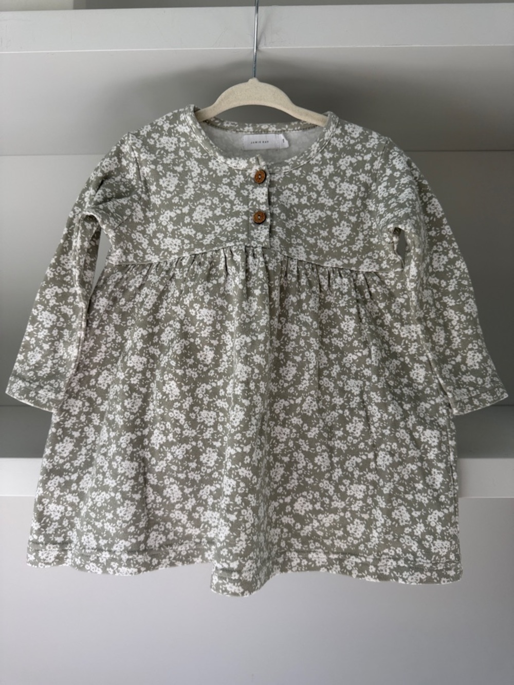 Jamie Kay Floral Long-Sleeve Baby Dress in Sage and White